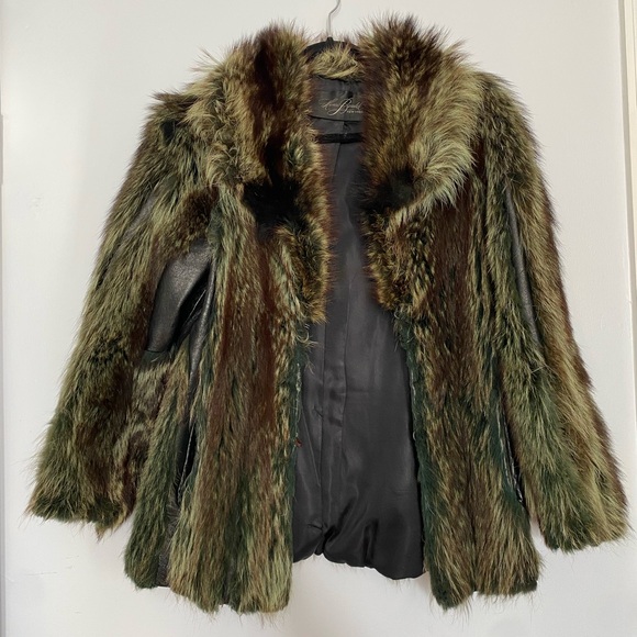 Green Raccoon Fur and Leather Coat - 70’s Penny Lane - Picture 1 of 4